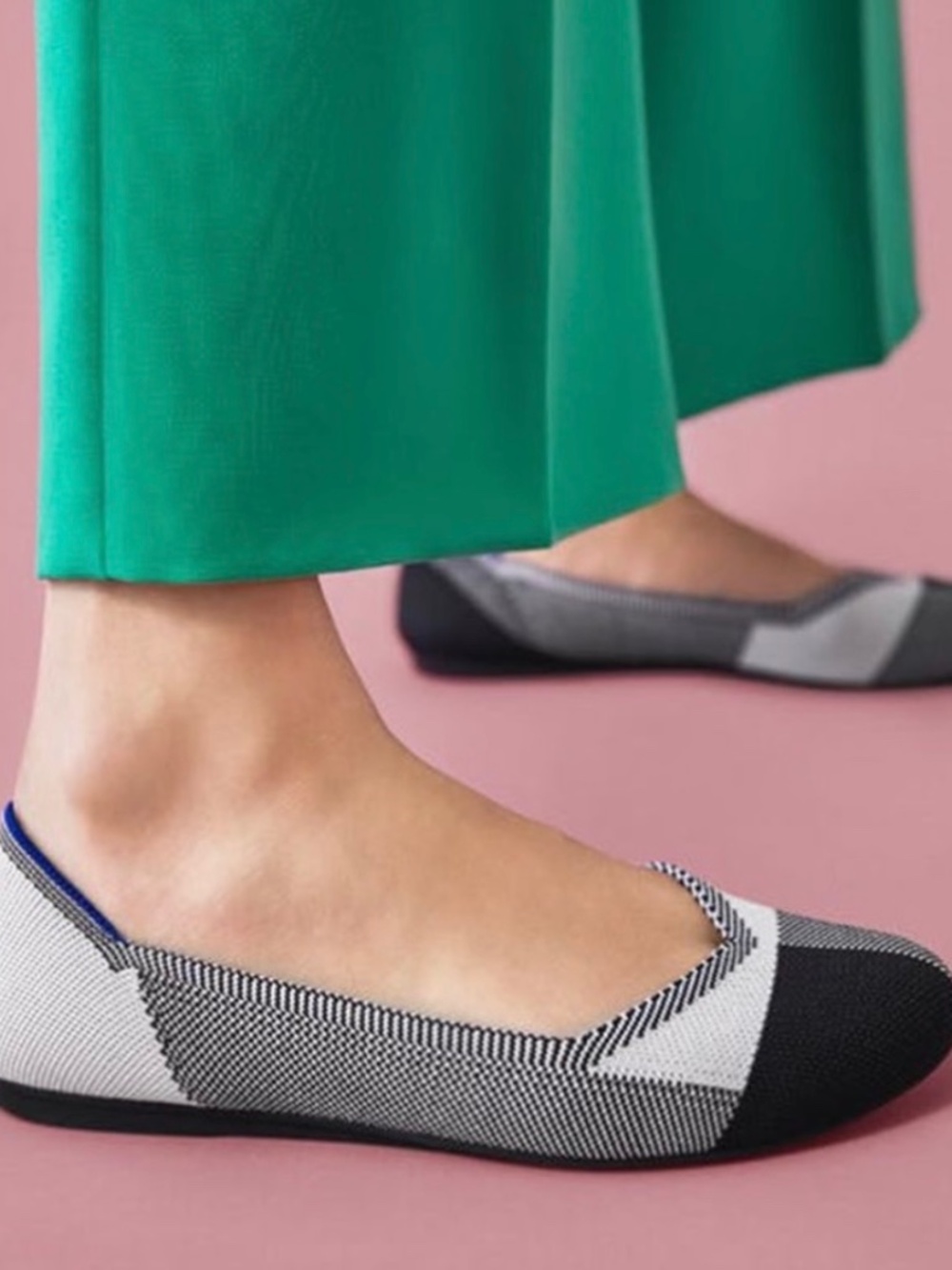 Rothy's The black flat black beige plaid‎ cap toe woven ballet flat